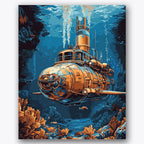 Paint by numbers design of submarine, coral reefs, bronze submarine, vibrant coral
