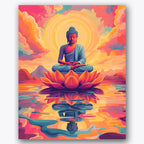 Paint by numbers design of Buddha, lotus, Buddha on lotus, vibrant sunset colors, A peaceful Buddha figure sits atop a lotus
