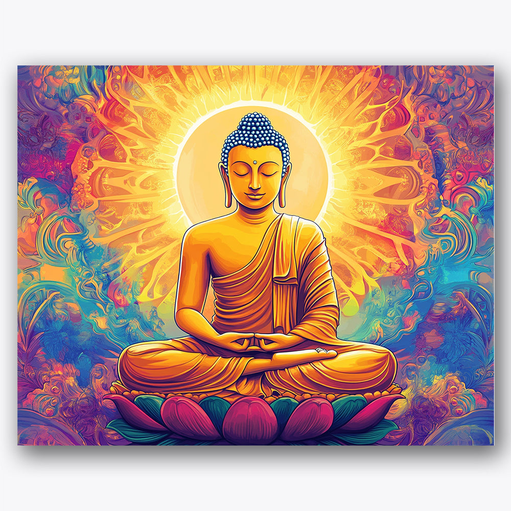 Paint by numbers design of Buddha, halo, vivid swirling background, radiant halo
