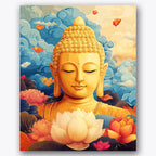 Paint by numbers design of Buddha, lotus flowers, golden Buddha sculpture, floating lotus flowers