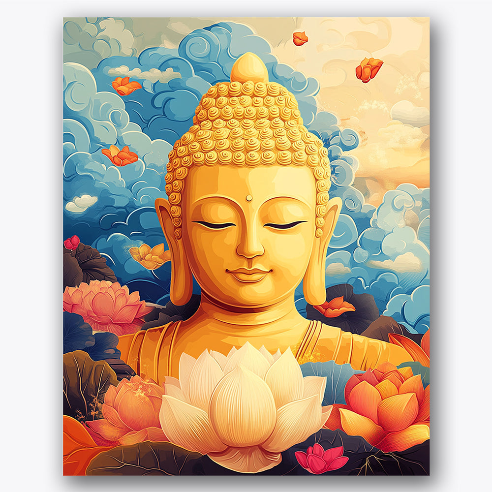 Paint by numbers design of Buddha, lotus flowers, golden Buddha sculpture, floating lotus flowers