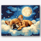 Paint by numbers design of bulldog, clouds, sleeping bulldog, full moon background
