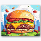 Paint by numbers design of giant burger, cityscape, giant cheeseburger, city skyline backdrop