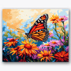 Paint by numbers design of butterfly, flowers, orange monarch wings, bright wildflowers