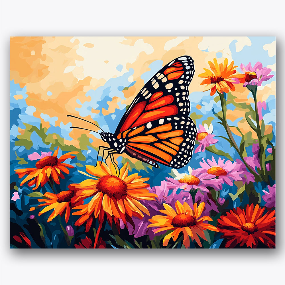 Paint by numbers design of butterfly, flowers, orange monarch wings, bright wildflowers