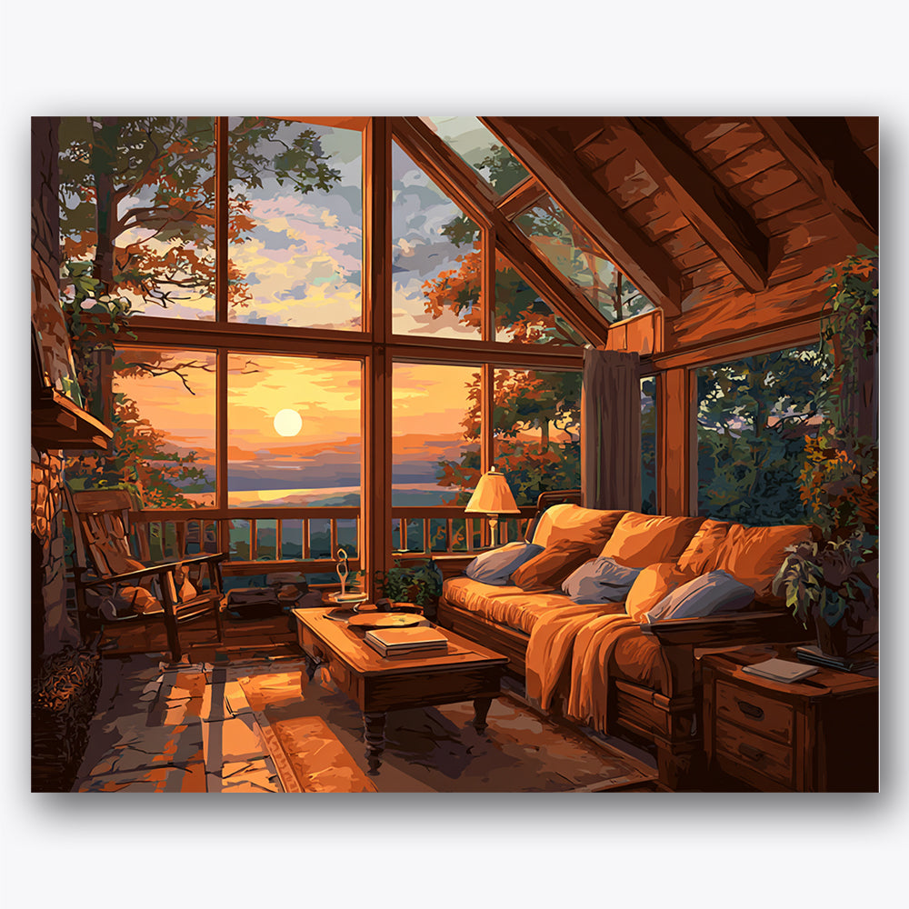 Paint by numbers design of cabin interior, sunset view, large window view, sunset sky