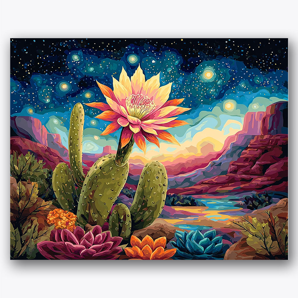 Paint by numbers design of cactus flower, starry sky, large blooming flower, star-filled sky