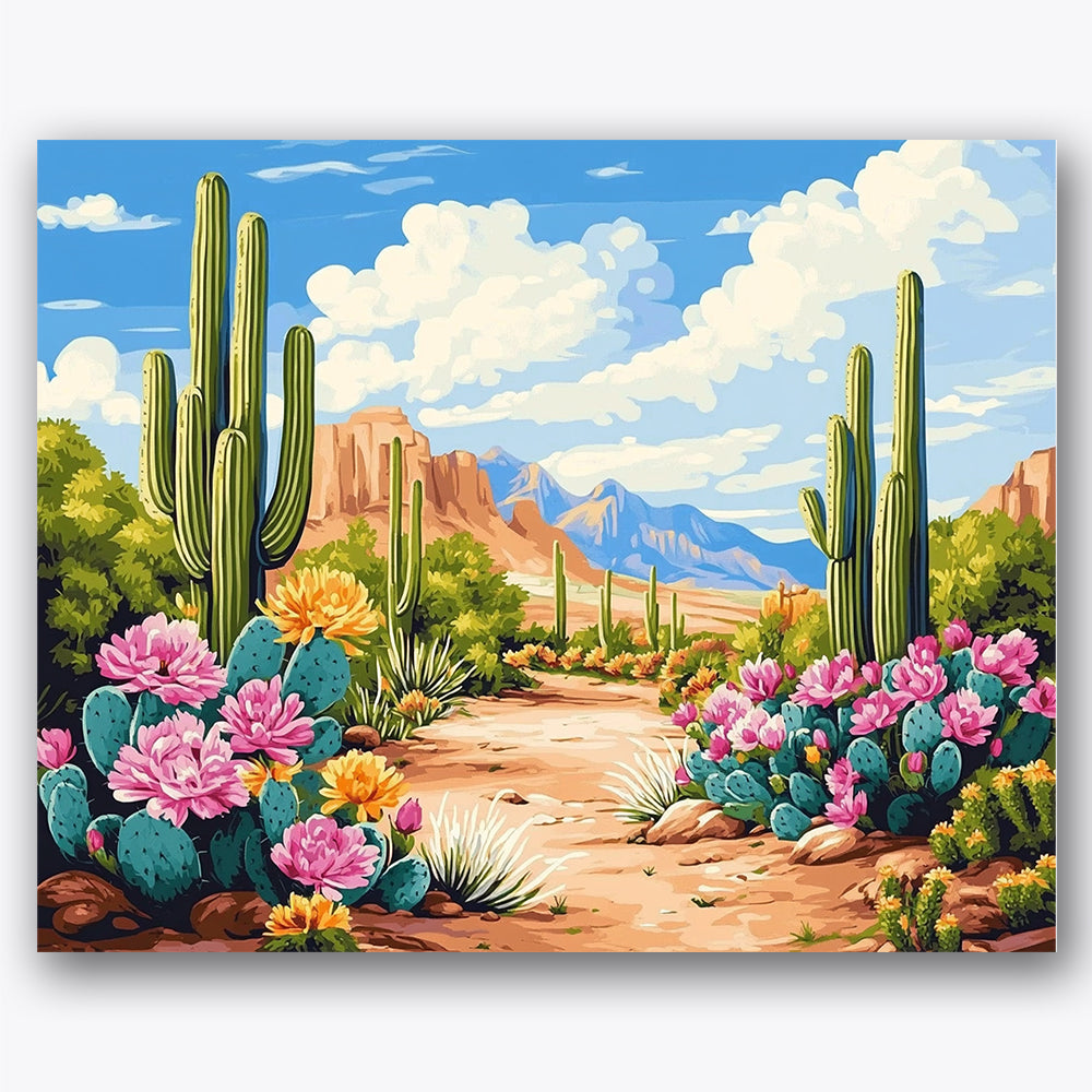 Paint by numbers design of cactus flowers, desert landscape, vibrant pink flowers, towering cacti