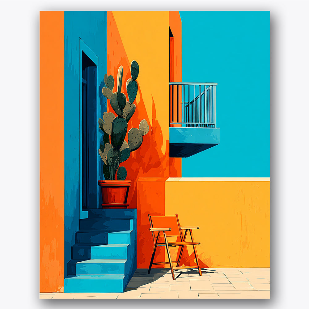 Paint by numbers design of cactus, balcony, bold orange wall, blue steps, A vibrant balcony with cactus and colorful walls