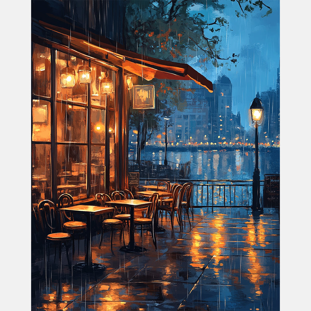 Cafe Under Rain Paint by Numbers Kit design preview showing the full artwork layout before painting