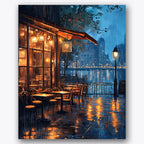 Paint by numbers design of street cafe, rainy night, glowing street lamps, wet pavement reflections
