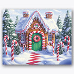 Paint by numbers design of gingerbread house, candy canes, green door, snow-covered roof, A delightful gingerbread house