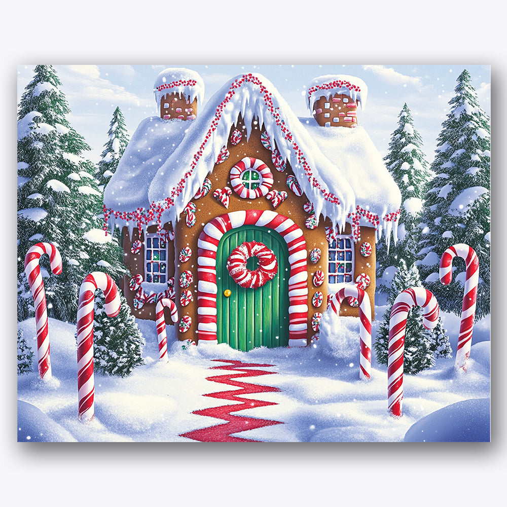 Paint by numbers design of gingerbread house, candy canes, green door, snow-covered roof, A delightful gingerbread house