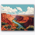 Paint by numbers design of canyon, winding river, red rock formations, winding blue river