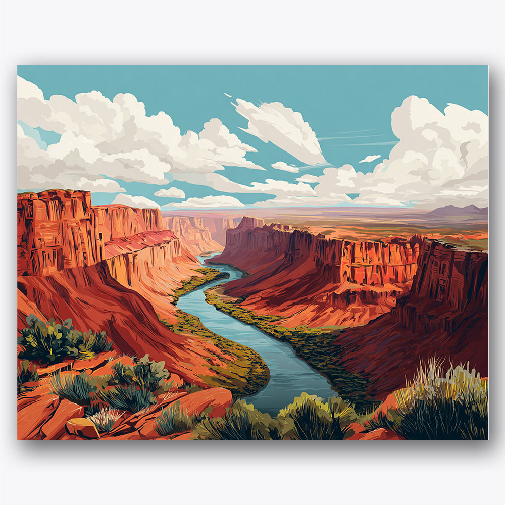 Paint by numbers design of canyon, winding river, red rock formations, winding blue river