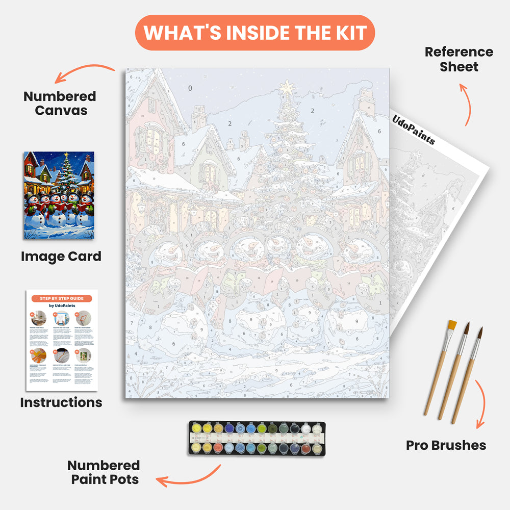 Caroling Snowmen Paint by Numbers Kit – includes numbered canvas, paint pots, brushes, and instructions