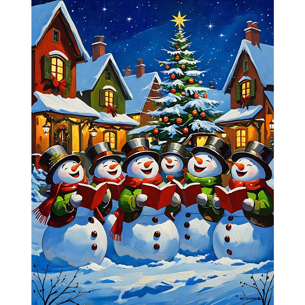 Caroling Snowmen Paint by Numbers Kit design preview showing the full artwork layout before painting