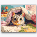 Paint by numbers design of cat, blanket, wide eyes, striped fur
