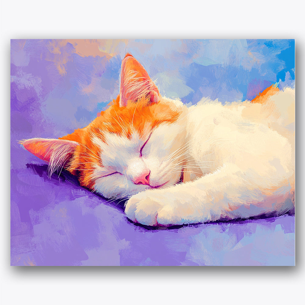 Paint by numbers design of cat, sleeping, orange and white fur, blended pastel background, A scene of a cat sleeping
