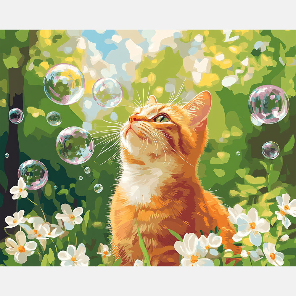 Cat in Spring Breeze Paint by Numbers Kit design preview showing the full artwork layout before painting