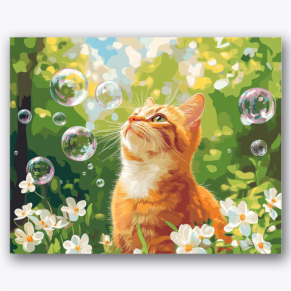 Paint by numbers design of orange cat, bubbles, orange cat with green eyes, shimmering bubbles