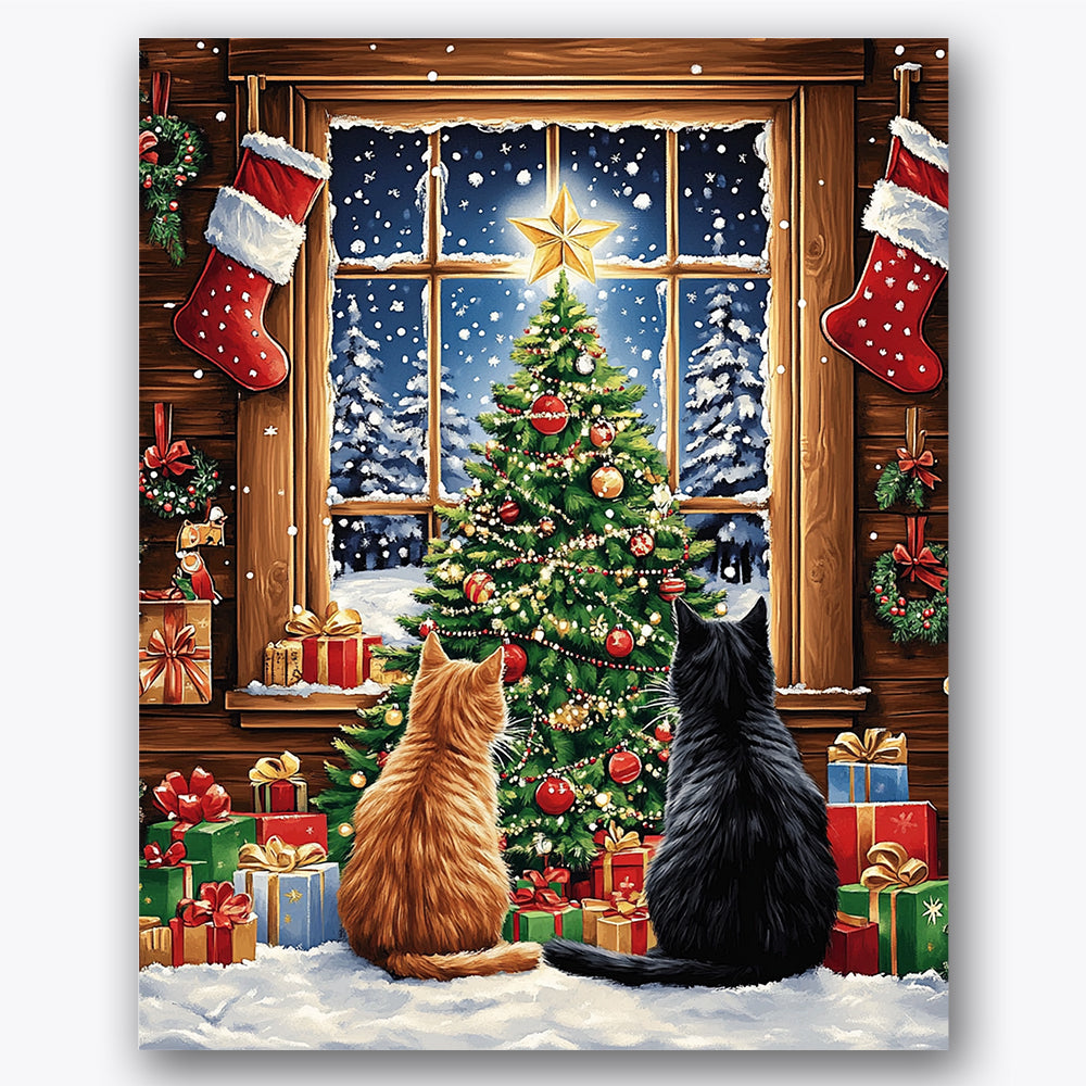 Paint by numbers design of cats, Christmas tree, two seated cats, star-topped tree