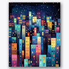 Paint by numbers design of cityscape, night sky, multicolored building lights, starry night sky