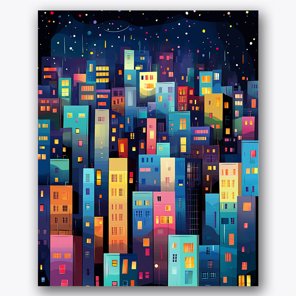 Paint by numbers design of cityscape, night sky, multicolored building lights, starry night sky