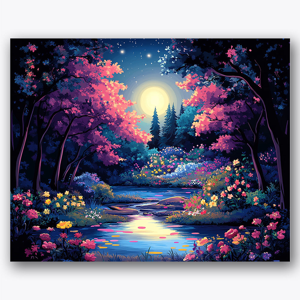 Paint by numbers design of garden, moonlight, glowing full moon, colorful flowers