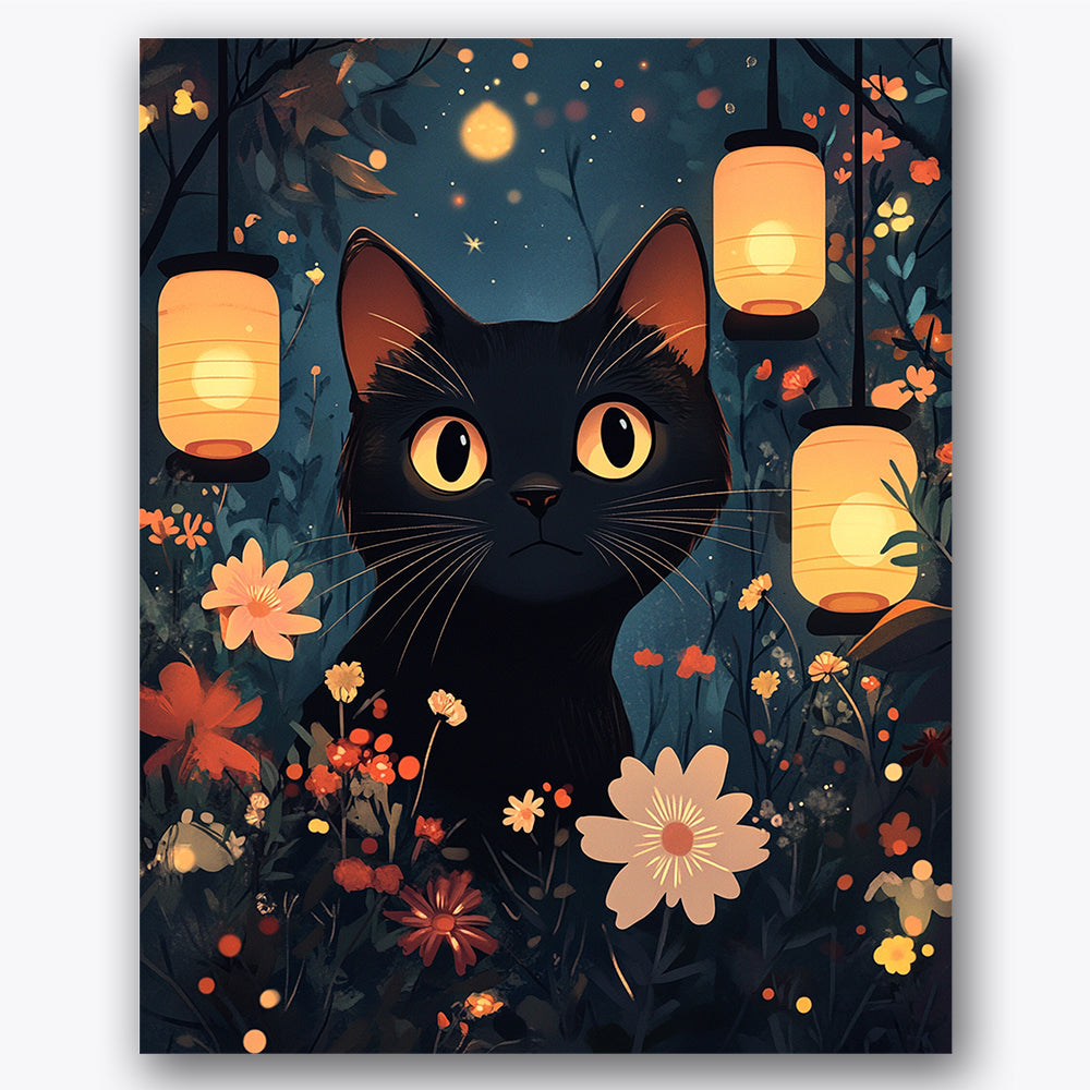 Paint by numbers design of cat, lanterns, glowing lanterns, black cat, A black cat in a glowing garden at night