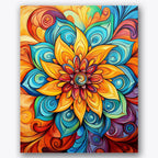Paint by numbers design of floral mandala, swirling colors, vibrant petal center, swirling blue patterns