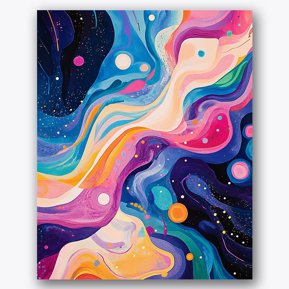 Paint by numbers design of cosmic shapes, vibrant colors, swirling patterns, vivid color palette