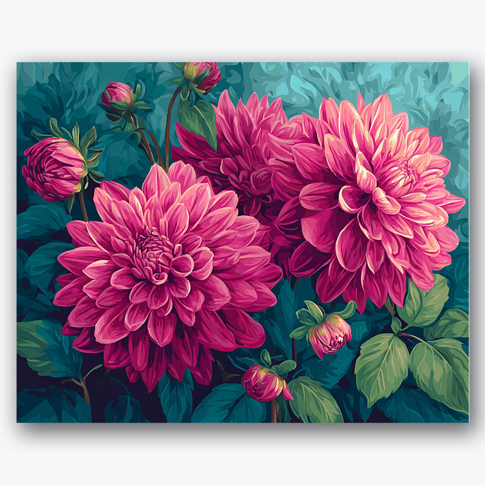 Paint by numbers design of dahlias, green leaves, large pink blooms, green leafy backdrop