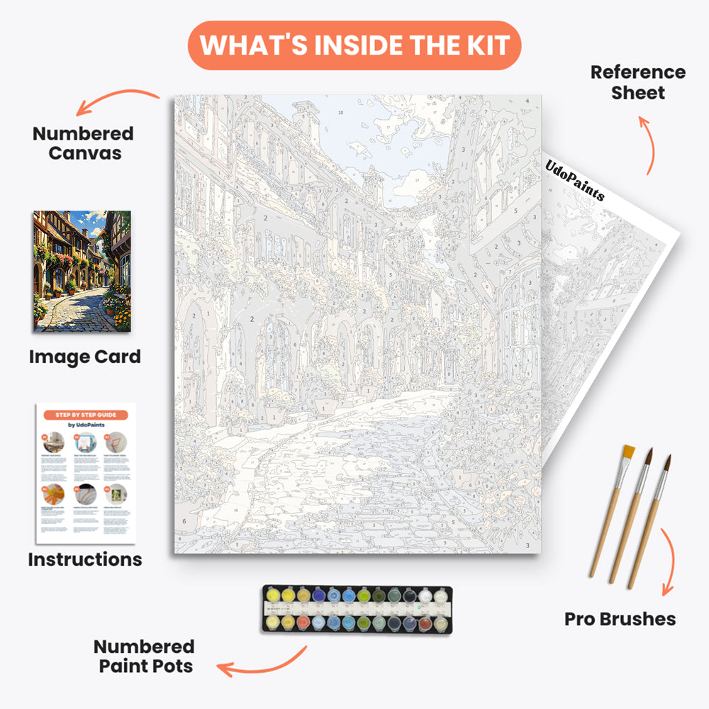 Charming Alleyway Paint by Numbers Kit – includes numbered canvas, paint pots, brushes, and instructions