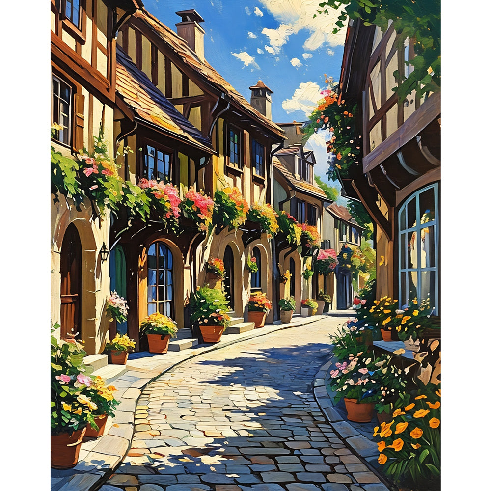 Charming Alleyway Paint by Numbers Kit design preview showing the full artwork layout before painting