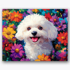 Paint by numbers design of white dog, colorful flowers, fluffy white fur, vivid flower petals