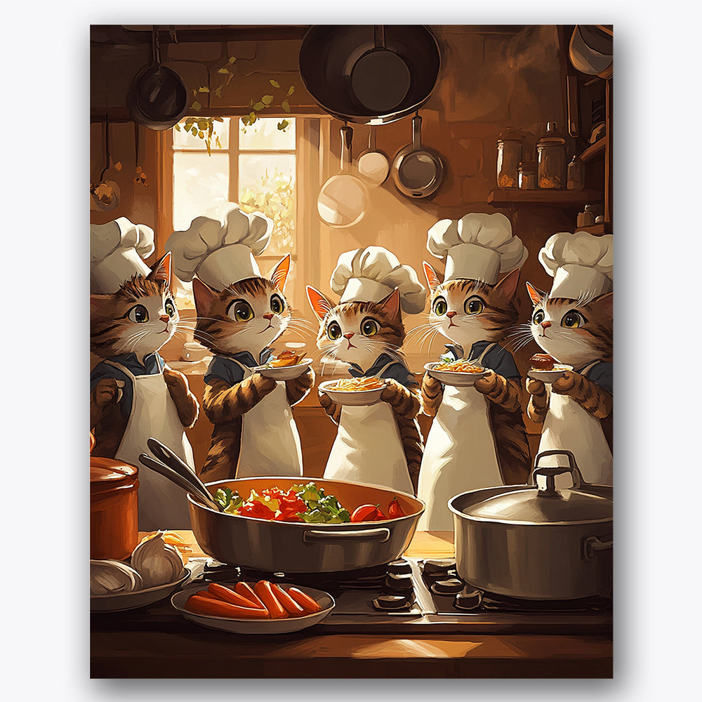 Paint by numbers design of cats, kitchen, cats in chef hats, large cooking pot, In a warm kitchen