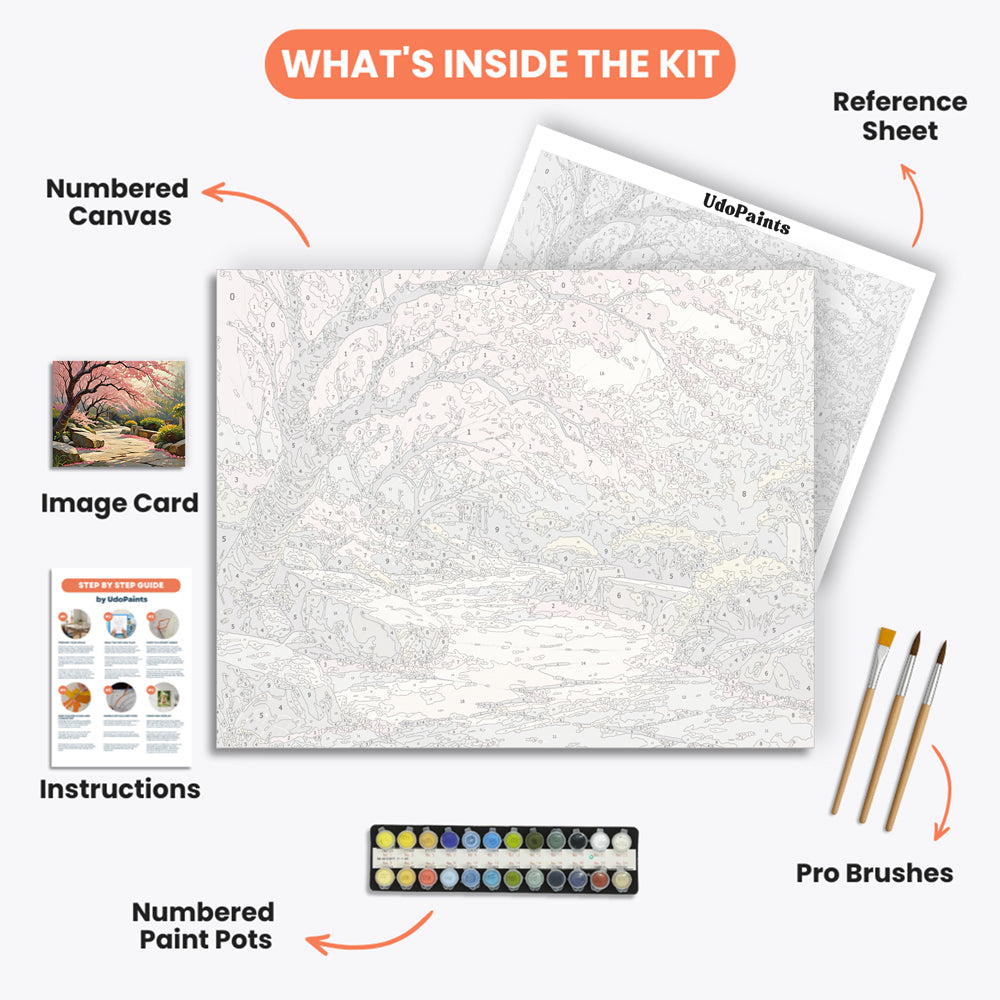 Cherry Blossom Retreat Paint by Numbers Kit – includes numbered canvas, paint pots, brushes, and instructions