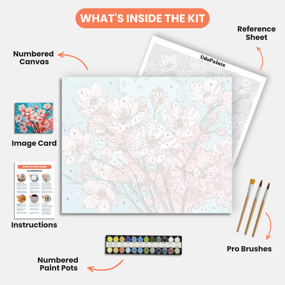 Cherry Blossom Serenity Paint by Numbers Kit – includes numbered canvas, paint pots, brushes, and instructions