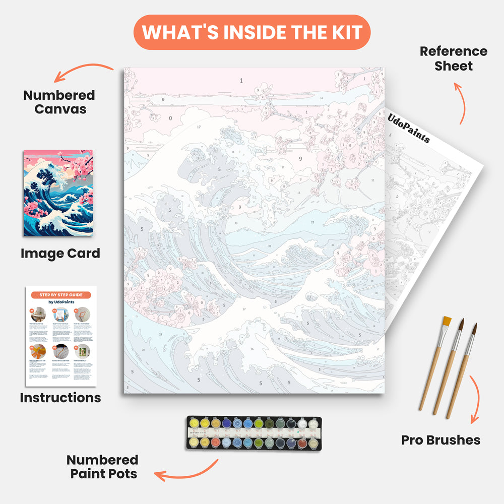 Cherry Blossom Waves Paint by Numbers Kit – includes numbered canvas, paint pots, brushes, and instructions