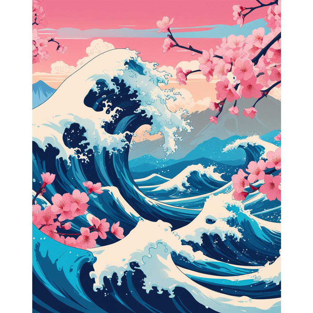 Cherry Blossom Waves Paint by Numbers Kit design preview showing the full artwork layout before painting