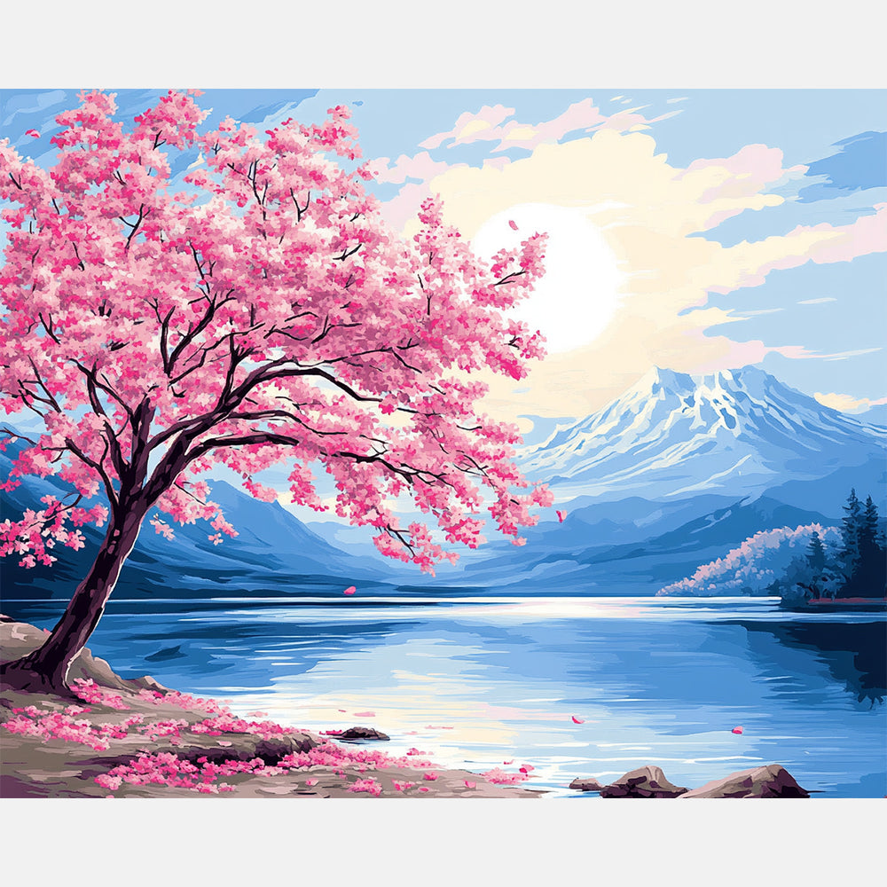 Cherry Blossoms View Paint by Numbers Kit design preview showing the full artwork layout before painting