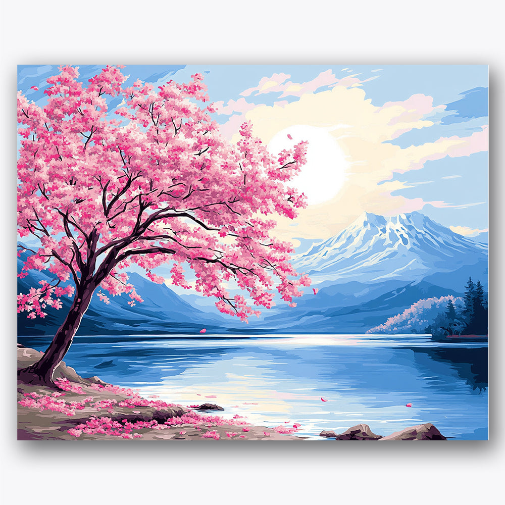 Paint by numbers design of cherry blossom tree, mountains, pink blossoms, snow-capped mountains