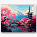 Paint by numbers design of Mount Fuji, cherry blossoms, cherry blossom trees, Mount Fuji backdrop