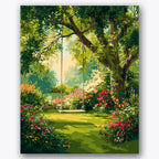Paint by numbers design of swing, garden flowers, swing hanging from tree, vibrant garden flowers