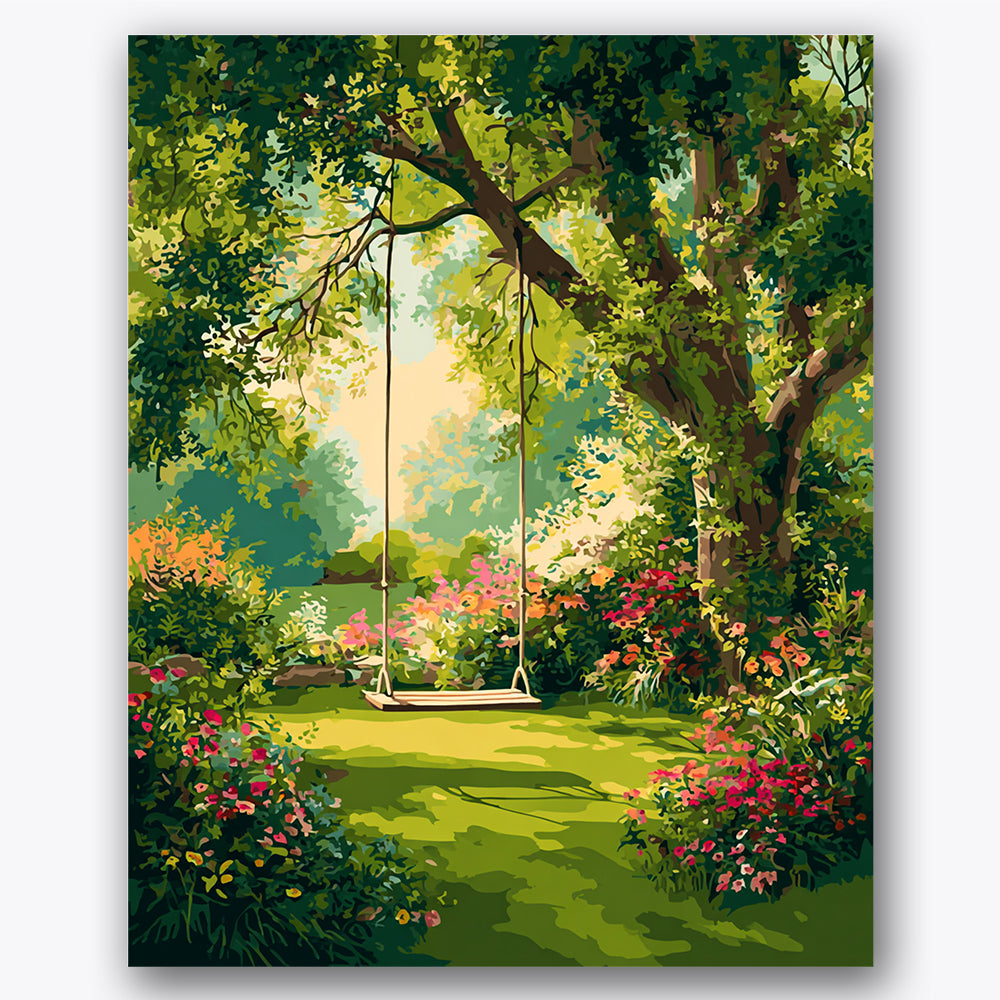 Paint by numbers design of swing, garden flowers, swing hanging from tree, vibrant garden flowers
