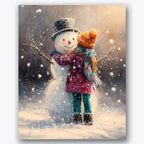 Paint by numbers design of child, snowman, child s colorful coat, snowman s top hat