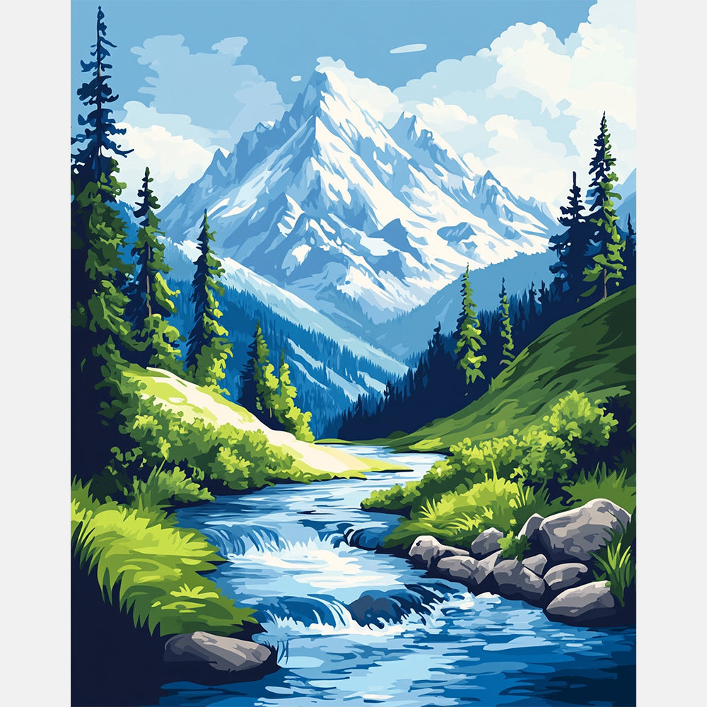 Chill Mountain Stream Paint by Numbers Kit design preview showing the full artwork layout before painting