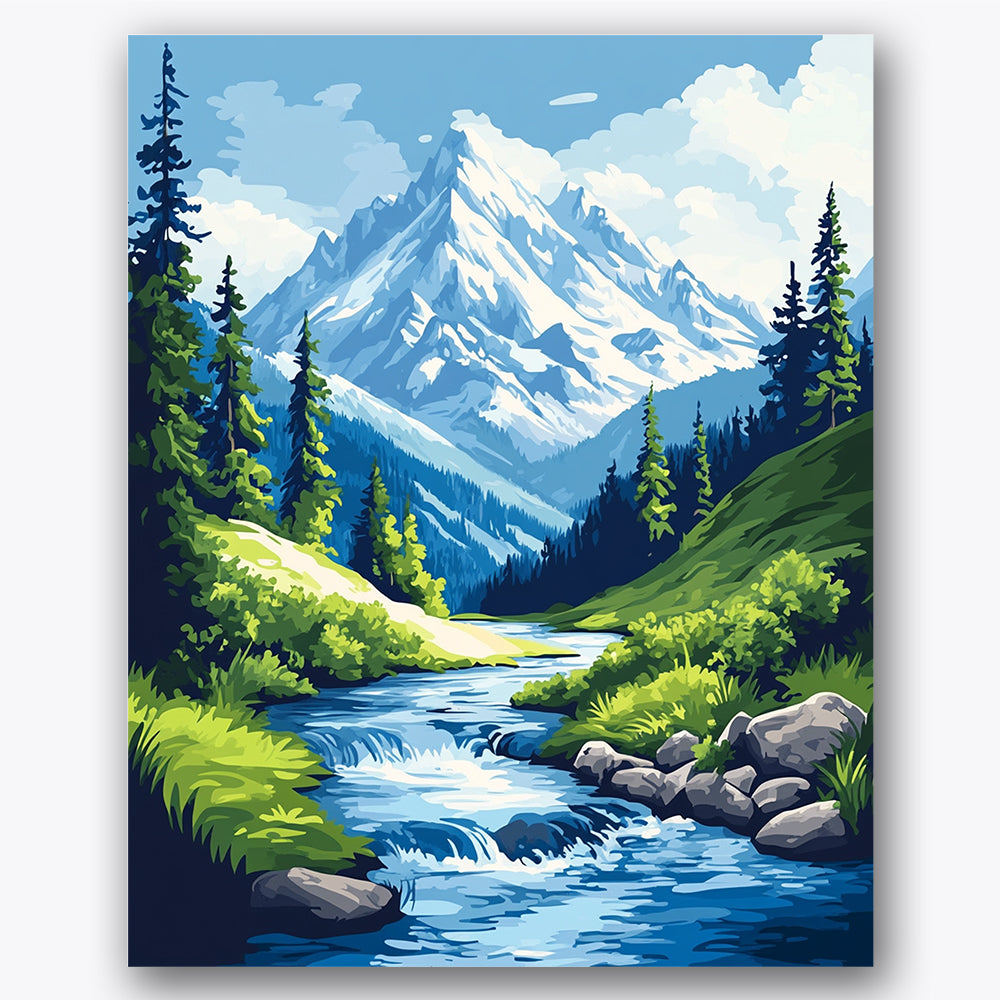 Paint by numbers design of mountain stream, snow-capped peak, snowy mountain peak, flowing blue stream
