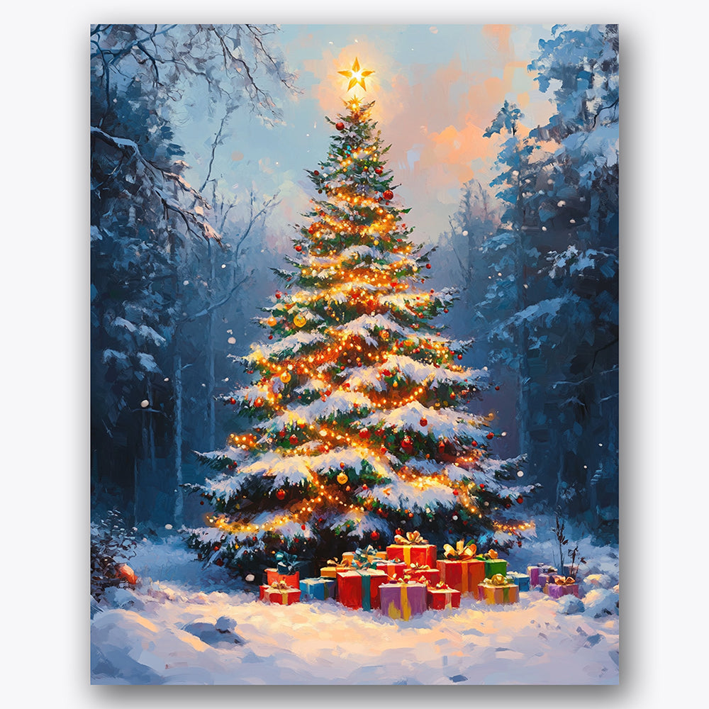Paint by numbers design of Christmas tree, gifts, glowing star topper, snow-laden branches